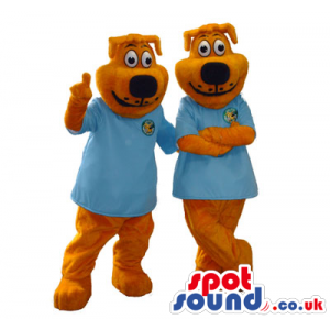 Two Dog Mascots Wearing A Blue T-Shirt With A Logo - Custom