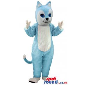 Cute blue cat mascot standing and showing his paws - Custom