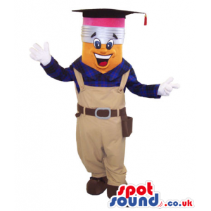Customizable Pencil Mascot Wearing Worker Overalls - Custom