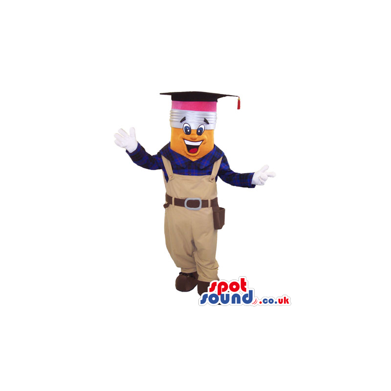 Customizable Pencil Mascot Wearing Worker Overalls - Custom