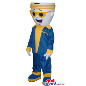 Bulb Mascot Wearing Yellow And Blue Clothes And Sunglasses -