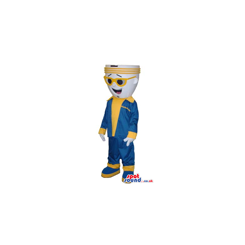 Bulb Mascot Wearing Yellow And Blue Clothes And Sunglasses -