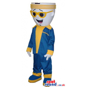 Bulb Mascot Wearing Yellow And Blue Clothes And Sunglasses -