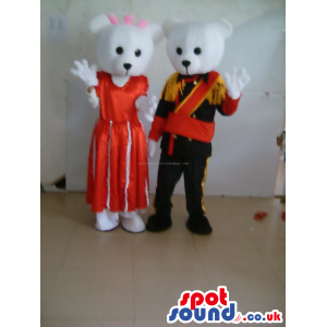 White Teddy Bear Couple Mascots Wearing Elegant Clothes -