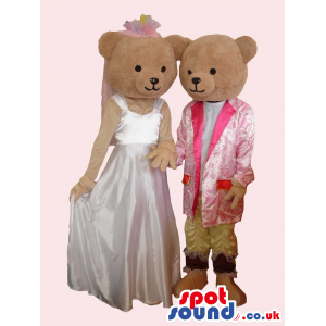 Brown Teddy Bear Couple Mascots Wearing Wedding Clothes -