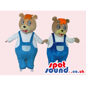 Brown Bear Couple Mascots With Orange Hair Wearing Overalls -