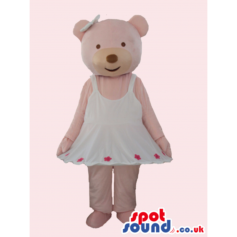 Pink Bear Girl Mascot Wearing A White Dress And Ribbon - Custom