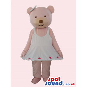Pink Bear Girl Mascot Wearing A White Dress And Ribbon - Custom
