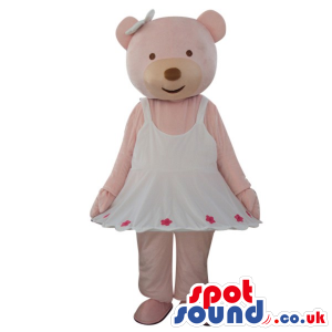 Pink Bear Girl Mascot Wearing A White Dress And Ribbon - Custom