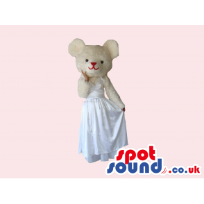 White Bear Girl Mascot Wearing A Long White Dress - Custom