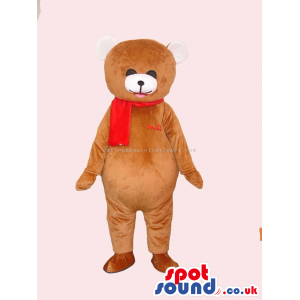 Customizable All Brown Teddy Bear Mascot Wearing A Red Scarf -