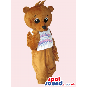 All Brown Teddy Bear Mascot Wearing A T-Shirt With Text -