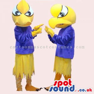 Yellow Fantasy Bird Couple Mascot Wearing Blue Clothes - Custom