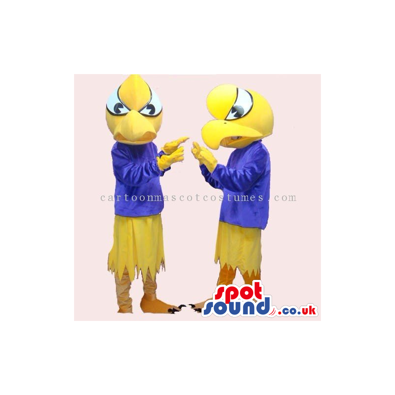 Yellow Fantasy Bird Couple Mascot Wearing Blue Clothes - Custom