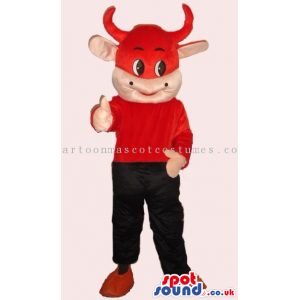 Customizable Funny Red Cow Mascot Wearing Clothes - Custom