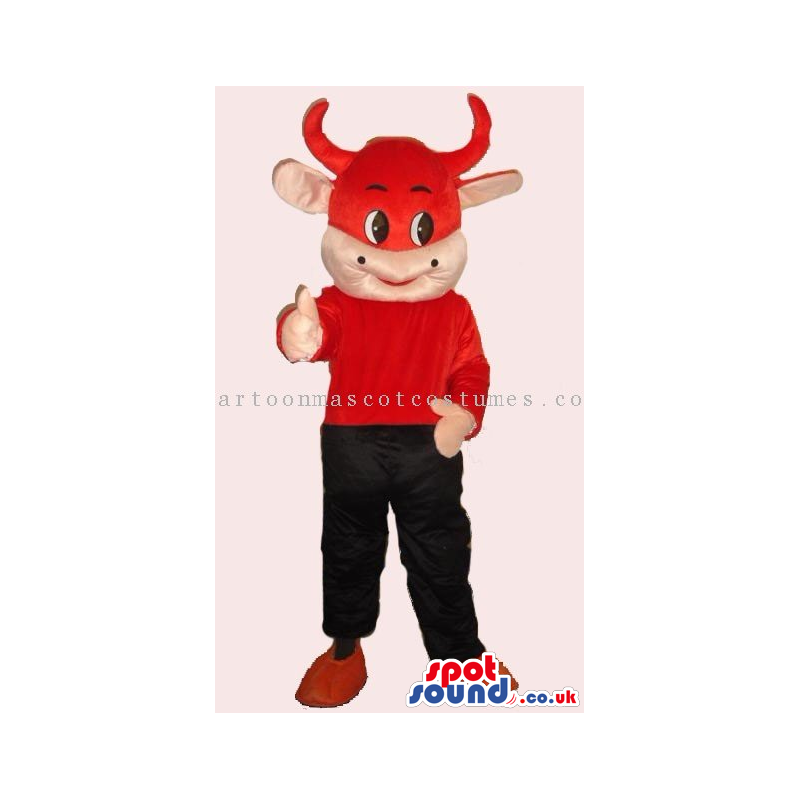 Customizable Funny Red Cow Mascot Wearing Clothes - Custom