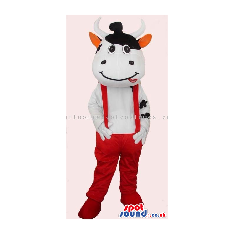 Customizable Funny Cow Mascot Wearing Red Overalls - Custom