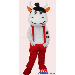 Customizable Funny Cow Mascot Wearing Red Overalls - Custom