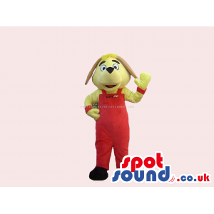 Customizable Funny Yellow Dog Mascot Wearing Red Overalls -
