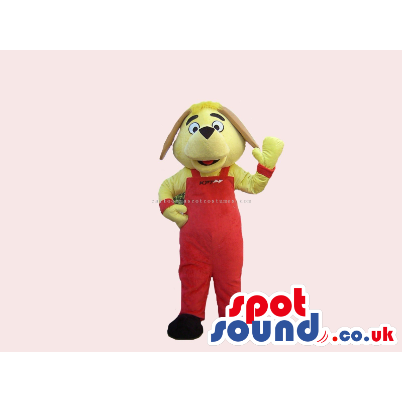 Customizable Funny Yellow Dog Mascot Wearing Red Overalls -