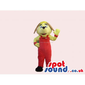 Customizable Funny Yellow Dog Mascot Wearing Red Overalls -