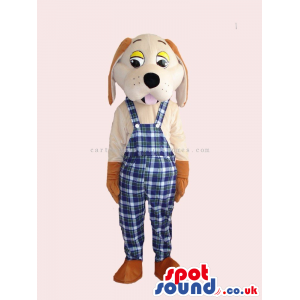 Customizable Brown And Beige Dog Mascot Wearing Blue Overalls -