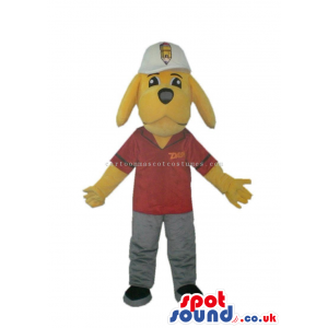 Customizable Yellow Dog Mascot Wearing A Red Shirt And A Cap -