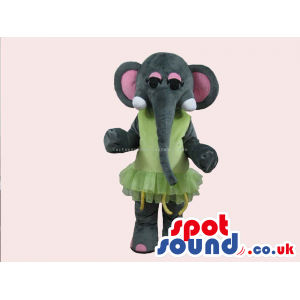 Cute Elephant Mascot With Long Trunk Wearing A Green Dress -