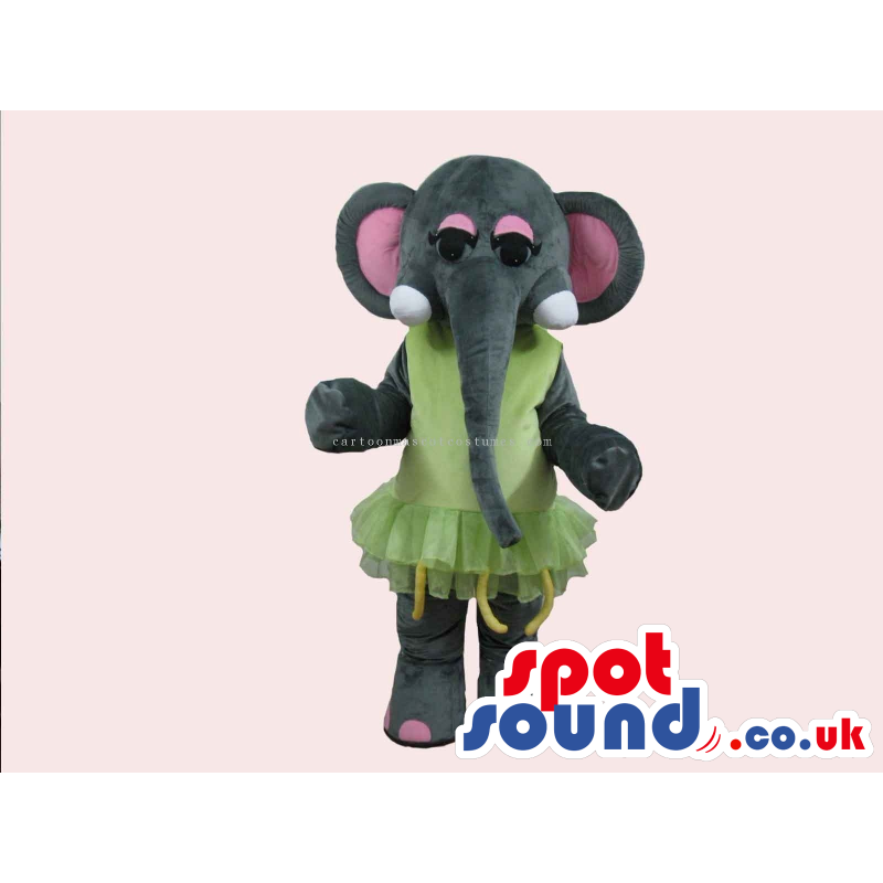 Cute Elephant Mascot With Long Trunk Wearing A Green Dress -