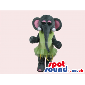 Cute Elephant Mascot With Long Trunk Wearing A Green Dress -