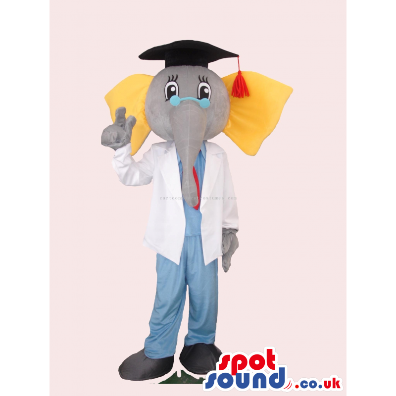Elephant Mascot Wearing A Graduation Cap And Doctor Clothes -
