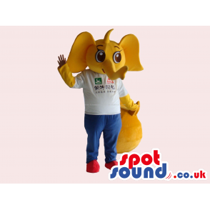Cute Yellow Elephant Mascot Wearing A White T-Shirt With Text -