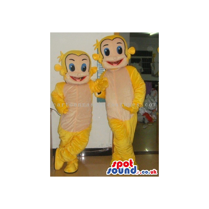 Two Small And Big Yellow Plush Monkey Mascots With A Beige