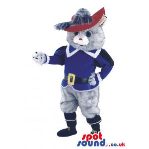 Cat mascot in blue blouse and black boots with a red hat -