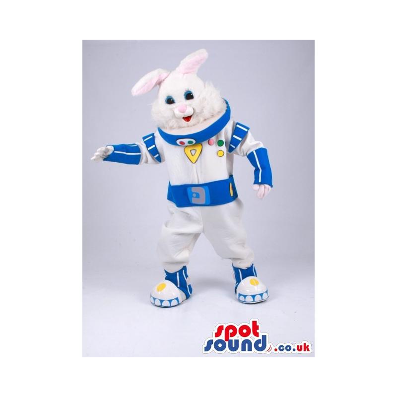 Astronaut hare mascot in blue and white costume with cute smile