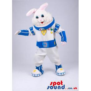 Astronaut hare mascot in blue and white costume with cute smile