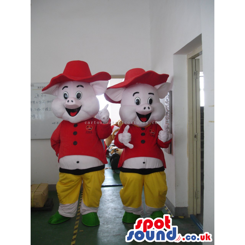 Pig Twin Couple Mascots Wearing A Red Hat And Clothes - Custom