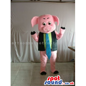 Pig Character Animal Mascot Wearing A Tie And A Vest - Custom