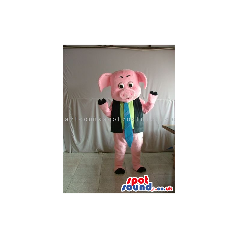 Pig Character Animal Mascot Wearing A Tie And A Vest - Custom