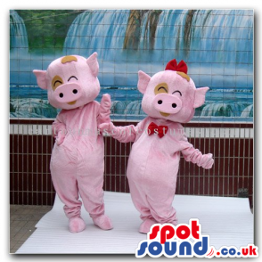 Pig Couple Mascots With Brown Spots And A Red Bow Tie - Custom