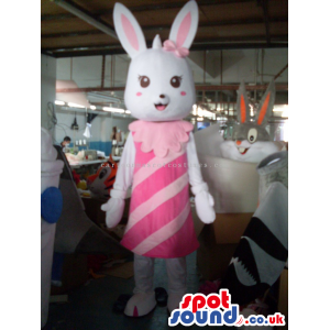 Cute White Rabbit Girl Plush Mascot Wearing A Pink Striped