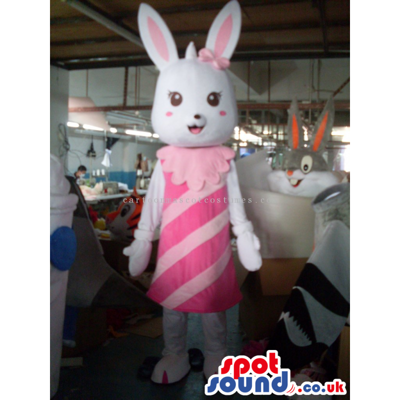 Cute White Rabbit Girl Plush Mascot Wearing A Pink Striped