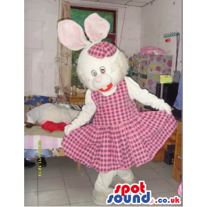Cute White Rabbit Girl Plush Mascot Wearing A Pink Checked