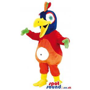 A parrot mascot with yellow beaks and multi colour body -