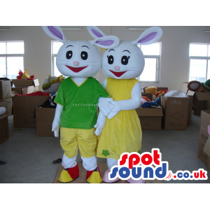 White Rabbit Plush Couple Mascots Wearing Boy And Girl Garments