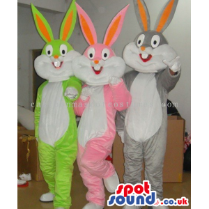 Three Rabbit Mascots In Pink, Green Or Grey With A White Belly