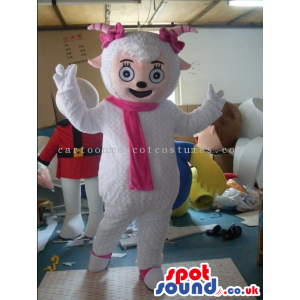 White Happy Girl Sheep Mascot Wearing A Pink Scarf And Ribbons