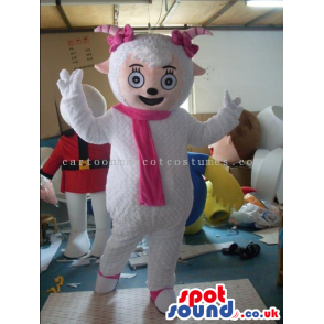 White Happy Girl Sheep Mascot Wearing A Pink Scarf And Ribbons
