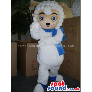 Cute White Sheep Animal Mascot Wearing A Blue Scarf - Custom