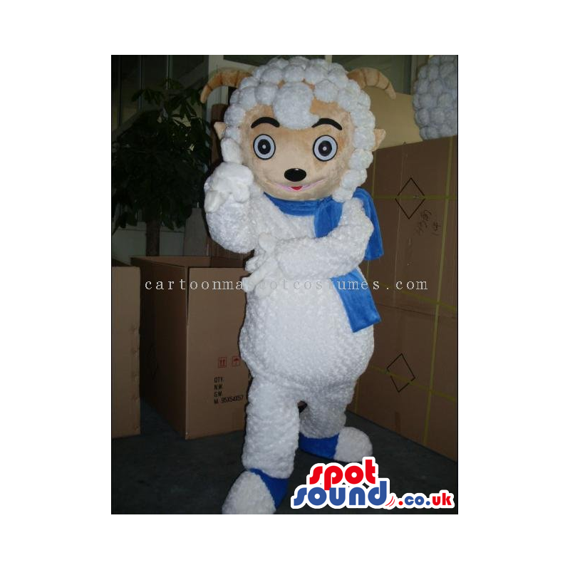 Cute White Sheep Animal Mascot Wearing A Blue Scarf - Custom